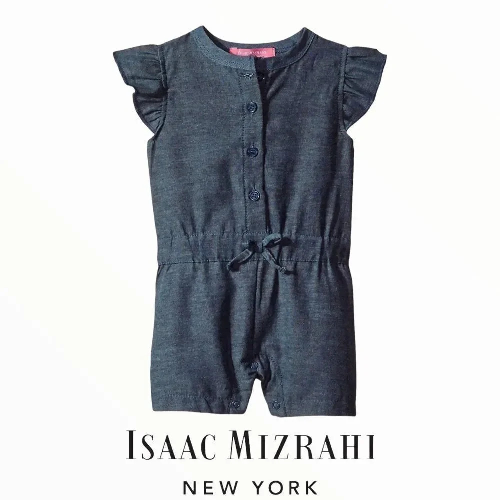 ISAAC MIZRAHI | Blue | CHAMBRAY BUTTON FRONT ROMPER